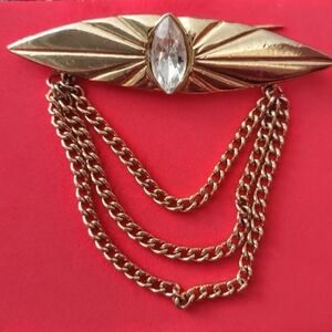 Vintage Gold Metal Brooch w/white Crystal Marquise & Chains